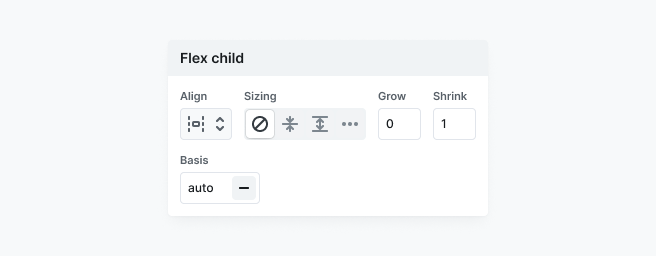 Flex child sizing options in Mosaic’s Style tab, including none, shrink, grow, and manual for controlling element resizing behavior