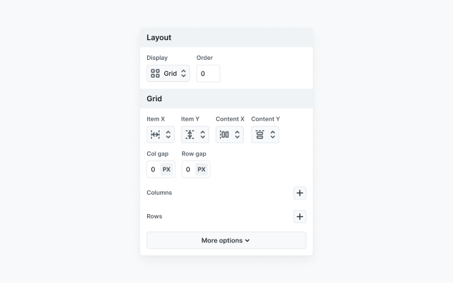 Grid settings section in Mosaic’s Style tab, displaying configuration options for defining grid columns, rows, and gaps