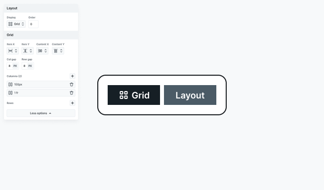 Columns and Rows settings in Mosaic’s Style tab with Canvas preview, showing how to add or remove grid structure