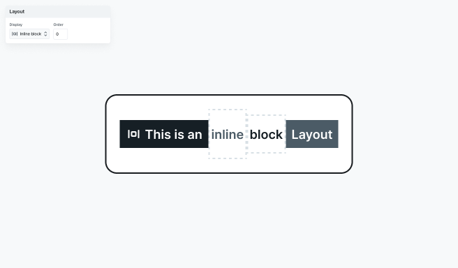 Inline-block layout setting in Mosaic’s Style tab with visual representation of horizontally aligned elements with manually defined width and height