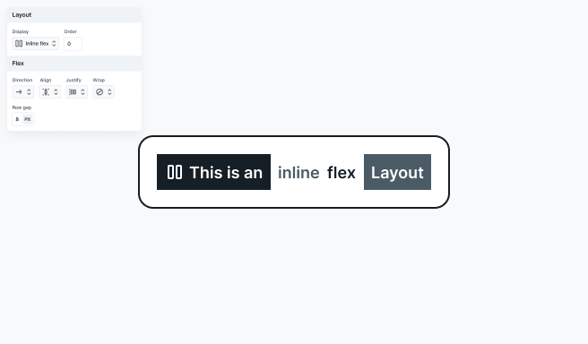Inline-flex layout setting in Mosaic’s Style tab with visual preview of horizontally arranged flex items inside an inline-level flex container