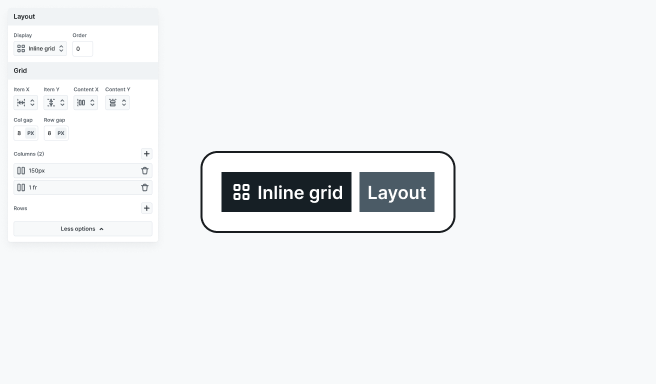 Inline-grid layout setting in Mosaic’s Style tab with visual preview of an inline-level container using a grid layout for its children