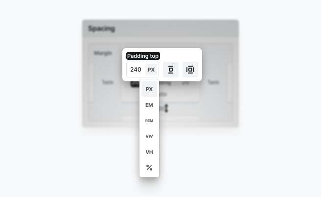 Unit selector dropdown in Mosaic’s spacing settings allowing users to change measurement units from pixels to alternatives