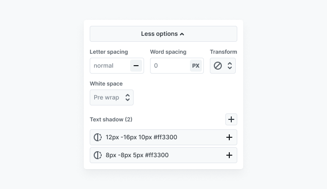 Extended typography settings in Mosaic revealed by clicking 'More options', showing advanced controls