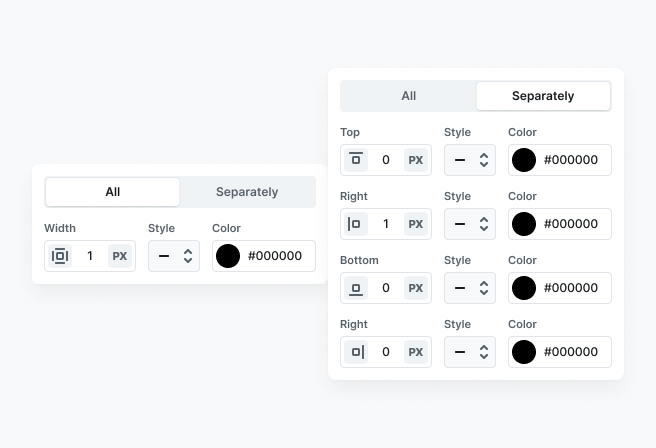 Border settings in Mosaic’s Style tab with tabs for applying border styles to all or customizing each side seperately
