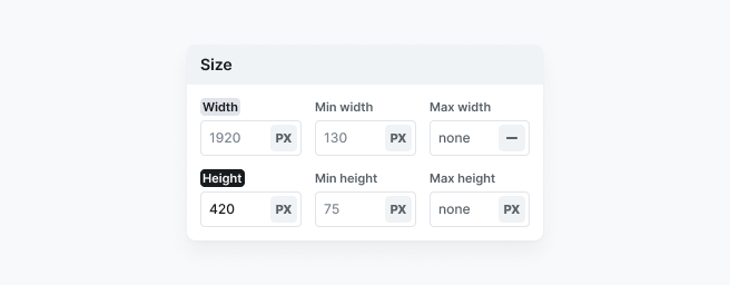 Size section in Mosaic’s Style tab showing controls for setting the width and height of the selected element