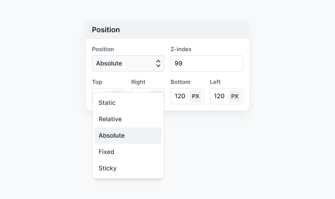 Position settings in Mosaic’s Style tab with controls to define the element’s placement relative to surrounding content and layout