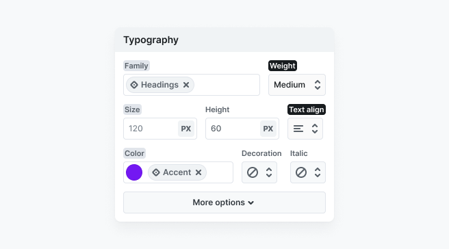 Typography section in Mosaic’s Style tab showing highlighted property names, indicating inherited, overridden, or breakpoint-based values