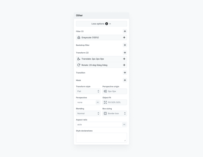 Expanded view of the 'Other' section in Mosaic’s Style tab showing all available advanced settings after clicking More options