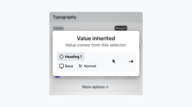 Style origin popup in Mosaic triggered by clicking the gray indicator, showing inherited value source with options to override or edit at the source