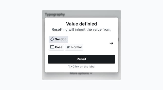 Style override popup in Mosaic showing black-highlighted property name, indicating value set by the current class with options to edit or reset