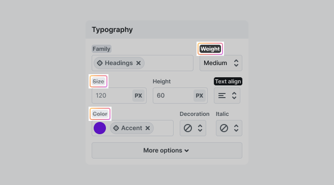 Typography settings in Mosaic showing a struck-through property name, indicating that an inherited style has been overridden at a different breakpoint or class