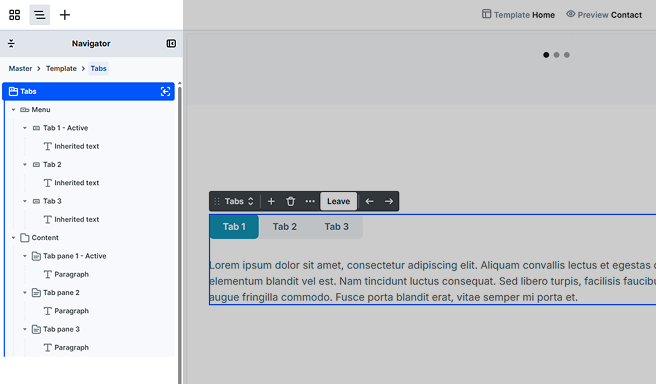 Tabs element structure shown in Mosaic’s Navigator panel after entering its scope