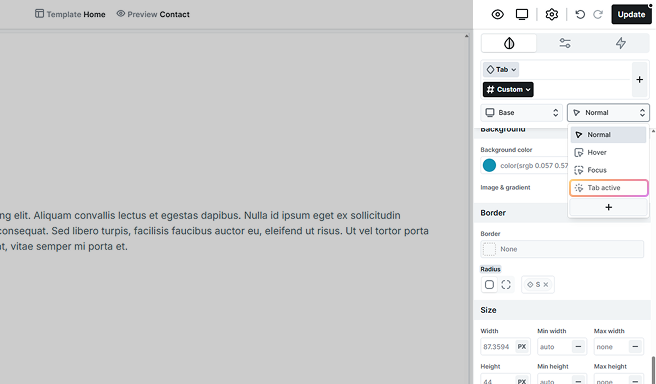 Tab active state highlighted in Mosaic’s Style tab state selector