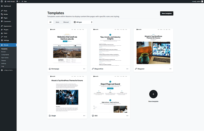 Templates section in Mosaic’s main menu displaying a list of existing templates with options to create or edit them