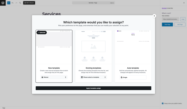 Mosaic template assignment screen showing how a custom template can be manually assigned.