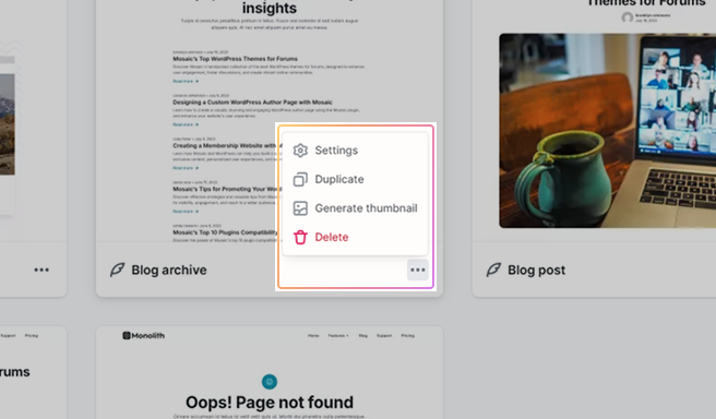 Context menu for a template in Mosaic showing management actions like edit, duplicate, assign, or delete