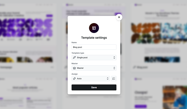 Mosaic template settings screen showing a Single post template type.