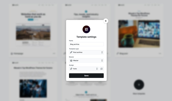 Template settings popup in Mosaic allowing customization of name, assignment mode, template type, Master selection, and conditional rules