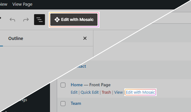 Edit with Mosaic button shown in the WordPress interface, available in the pages list and Gutenberg editor for quick access