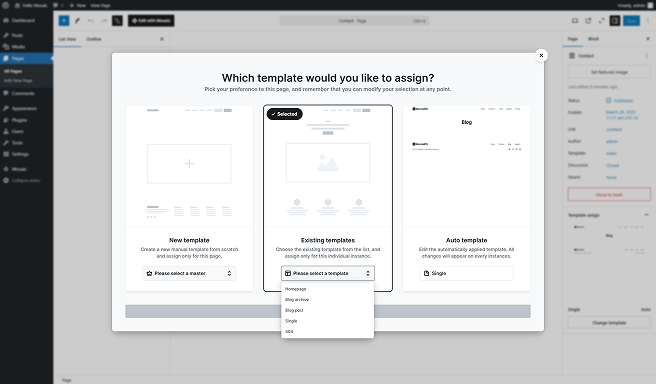Template assignment interface in Mosaic allowing users to select the desired template type for a specific page