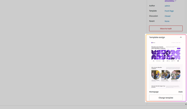 Mosaic Editor showing a page with an assigned template and the Change template button.