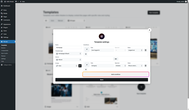 Add condition button highlighted in Mosaic’s Conditions interface