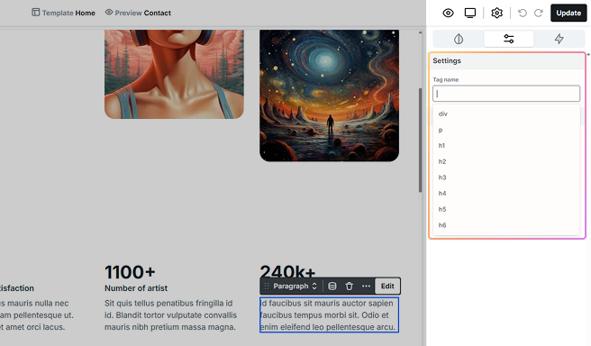 Advanced tab for Mosaic's Text element showing customizable HTML Tag name field, allowing selection of semantic tags like h5