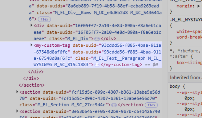 Custom HTML tag 'my-custom-tag' shown in the rendered code output from Mosaic, reflecting manual tag input from settings