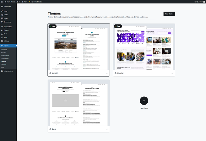 Themes interface in Mosaic showing multiple themes, with one active theme highlighted as the live site design