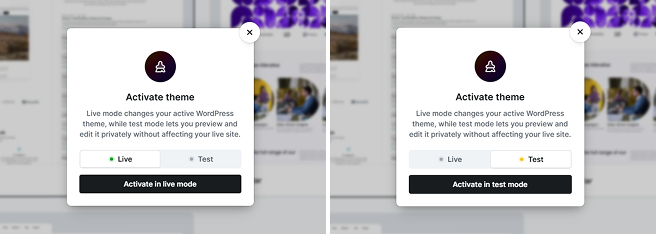 Popup options in Mosaic for activating a theme in live mode or test mode after selecting a theme