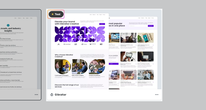 Theme marked as being in test mode in Mosaic, allowing preview without changing the live site