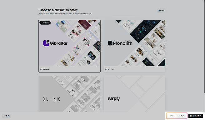 Activation prompt in Mosaic asking to choose live or test mode before launching the theme setup Wizard