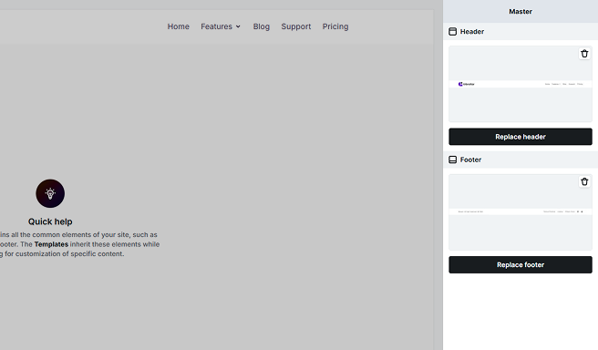Page customization step in Mosaic’s setup Wizard, allowing selection or removal of headers and footers from theme options