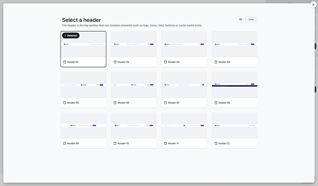 Header selection popup in Mosaic displaying available header layouts with option to preview and choose one for customization