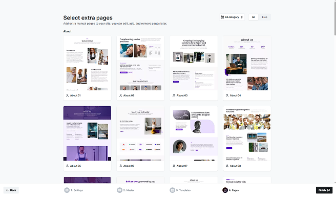 Final step in Mosaic’s setup Wizard showing optional page selection with filters by page category for easier browsing