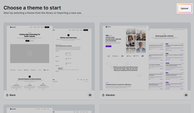 Upload button in Mosaic’s theme interface for importing exported themes
