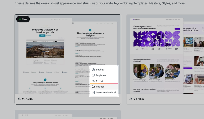 Mosaic theme's context menu showing the Replace option to swap the current theme with another