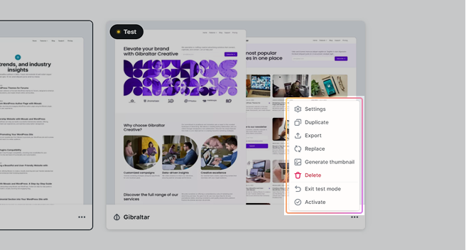 Theme context menu in Mosaic opened via three-dot icon, showing available actions for managing the theme