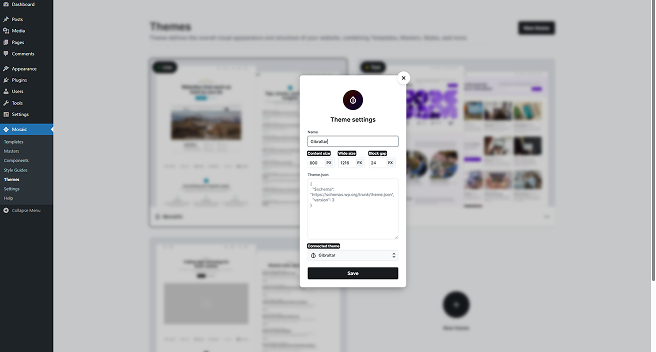 Mosaic theme settings panel showing options to change theme name, icon, sizing, theme.json configuration, and connected theme