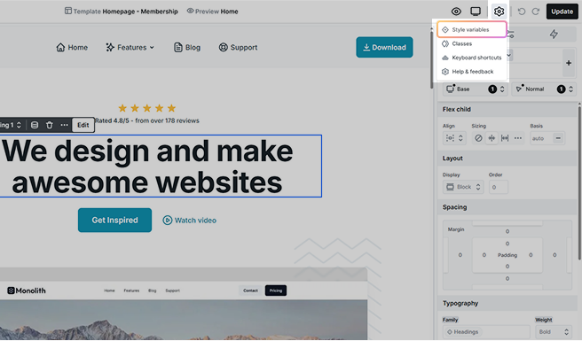 Variables section highlighted in Mosaic’s Top panel settings
