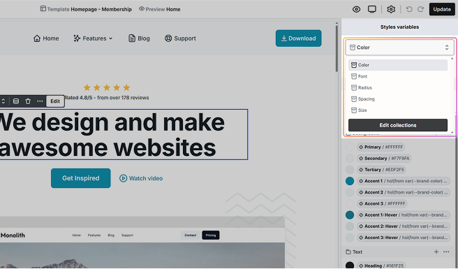 Style variables sidebar in Mosaic displaying Collections, used to organize related variables by type