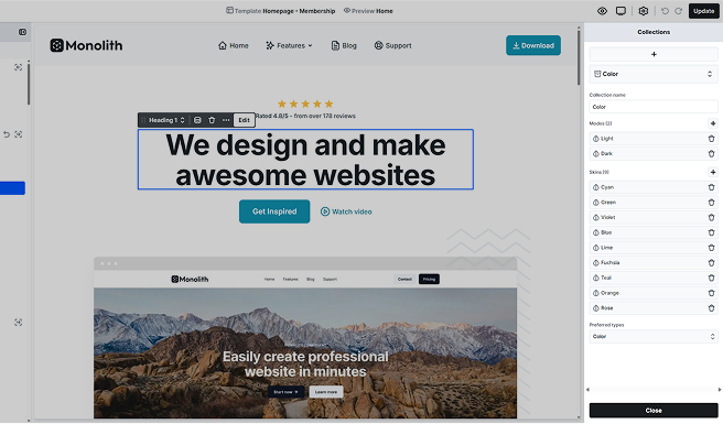Mosaic’s collections panel, allowing users to manage and organize variable collections