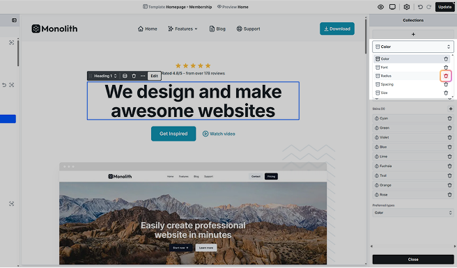 Trash icon highlighted in Mosaic’s collections panel dropdown for deleting a selected variable collection