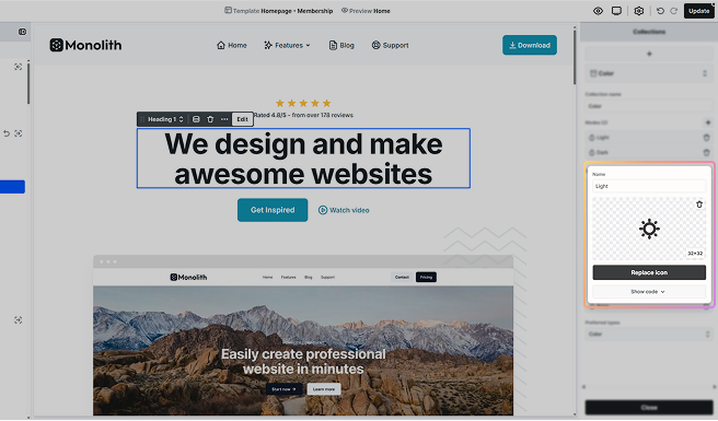 Manage modes popup in Mosaic allowing users to add, rename, or remove modes for variable collections with name and icon customization