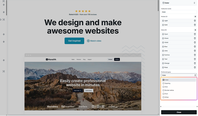 Preferred types dropdown in Mosaic’s Style variables panel for prioritizing variable types