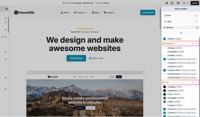 Groups highlighted in Mosaic’s Style variables panel, used to categorize variables within collections for better design organization