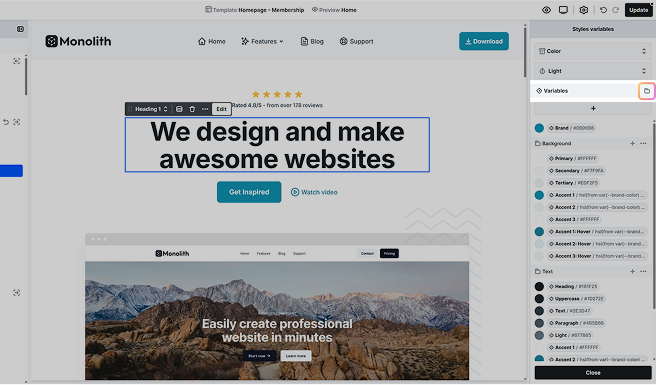 Folder icon highlighted in Mosaic’s Style variables panel for creating a new group