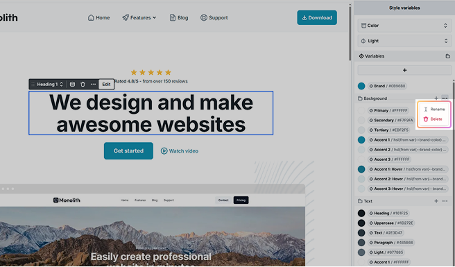 Three-dot context menu in Mosaic’s Style variables panel next to a group name, providing options to rename or delete the group