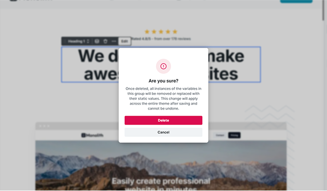 Confirmation popup in Mosaic warning that deleting a group will replace all its variables with static values across the theme